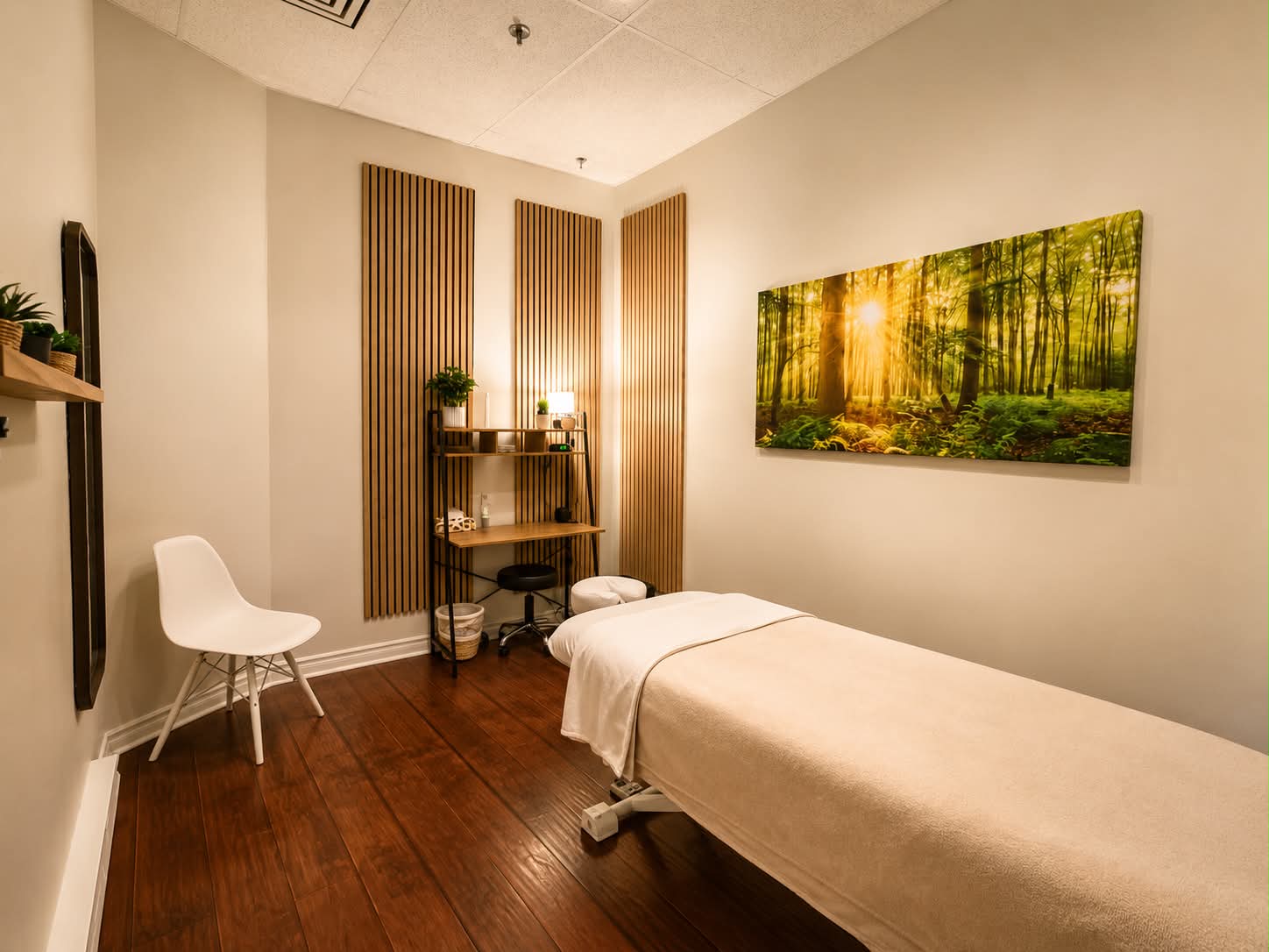 Salle de traitement apaisante et professionnelle pour la massothérapie et l'ostéopathie à la Clinique Intégrative L'Odyssée à Vieux-Longueuil.